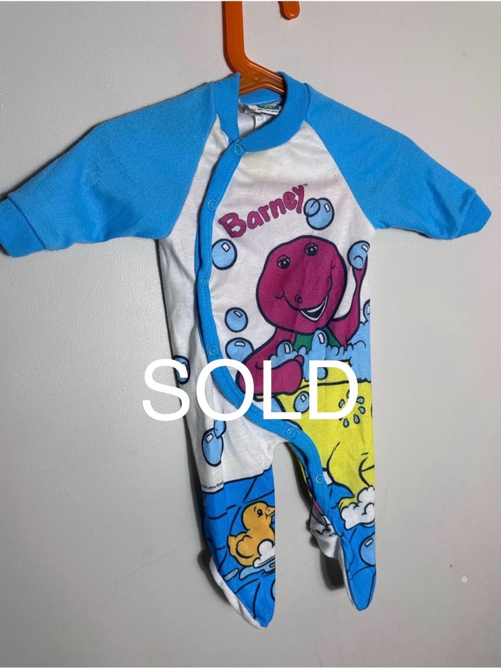 SOLD Vintage 90s Barney Blue & White Bubble Print One-Piece Pajamas